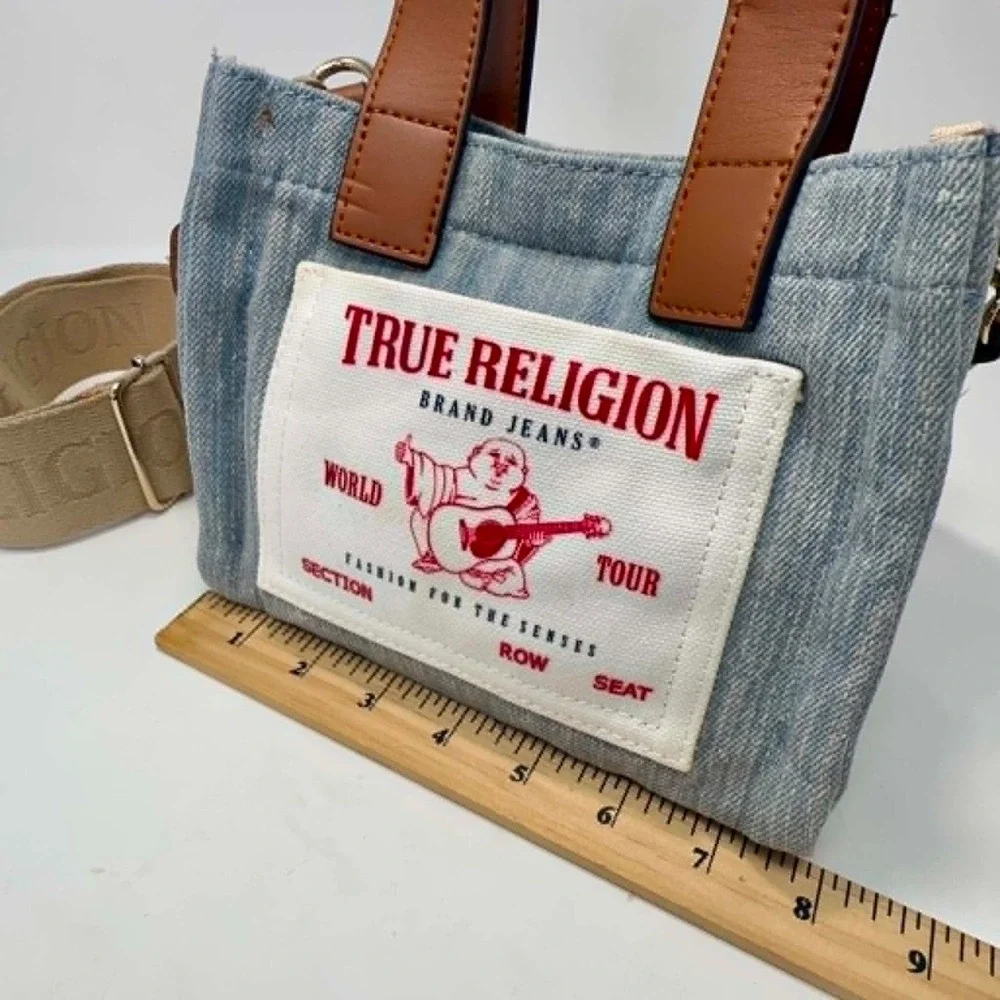 True Religion World Tour Mini Tote Crossbody Bag‎ Denim Buddha Logo Patch Y2K